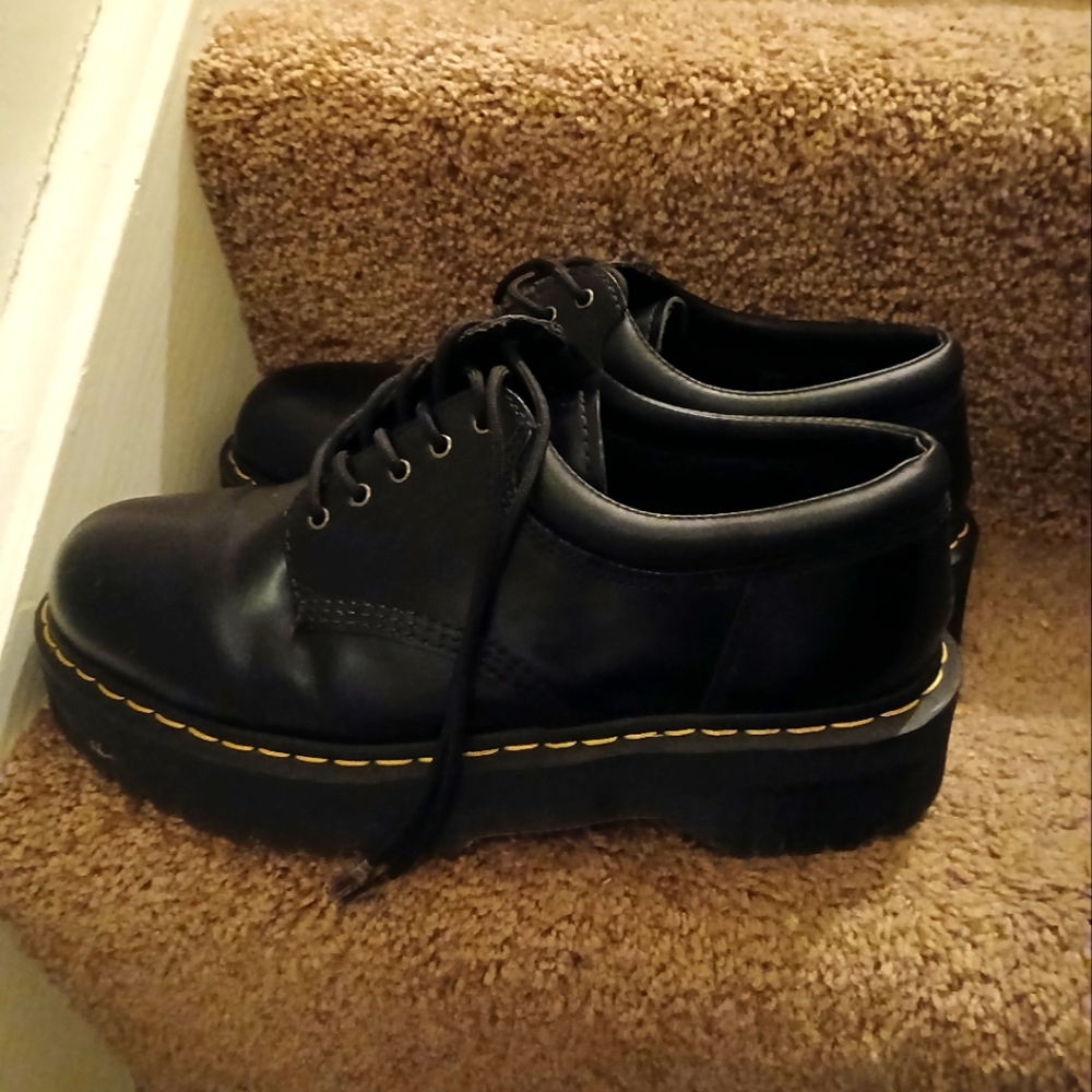 Dr. Martens Black Leather Platform Derby Shoes with Yellow Stitching - Picture 3 of 10